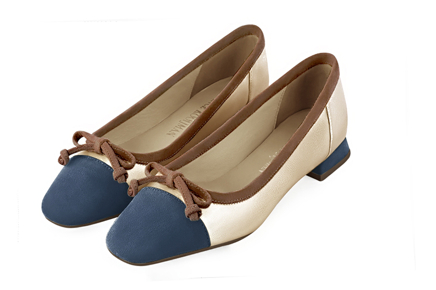 Denim blue, gold and chocolate brown women's ballet pumps, with low heels. Square toe. Flat flare heels. Front view - Florence KOOIJMAN